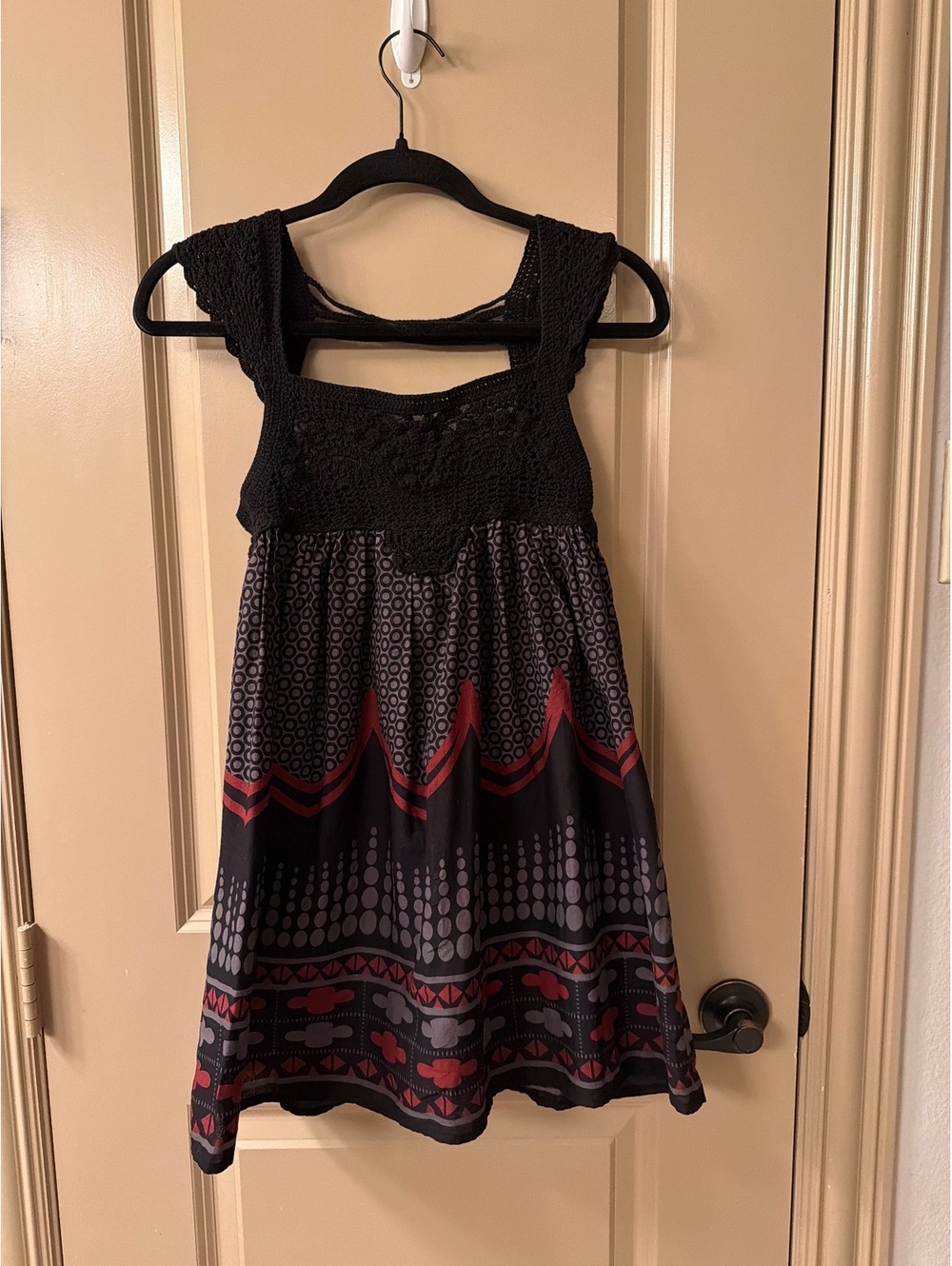 The Impeccable Pig  Black Crochet Top  or Dress with Geometric Patterned Skirt